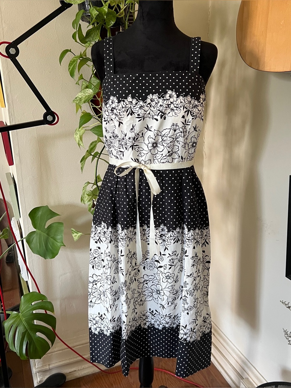 Vtg 90s R&K Originals Black White Polka Dot Floral Dress - Size 8